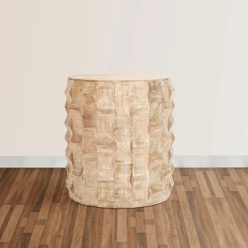 20 Inch Side End Table, Round Drum Shape with 3D Textured Design, Distressed White Finish