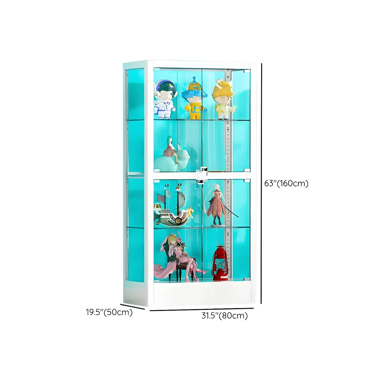 Adjustable Shelves White Glass Locking Curio Cabinet