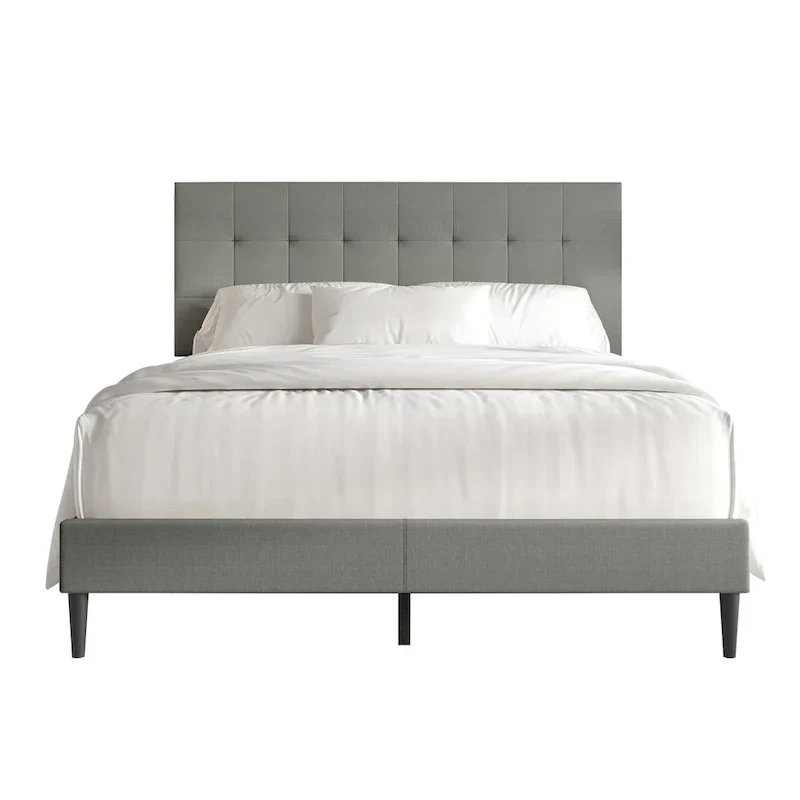Beige / Light Grey / Black Linen Upholstered Platform Bed with Square Stitching Headboard – Twin / Full / Queen / King