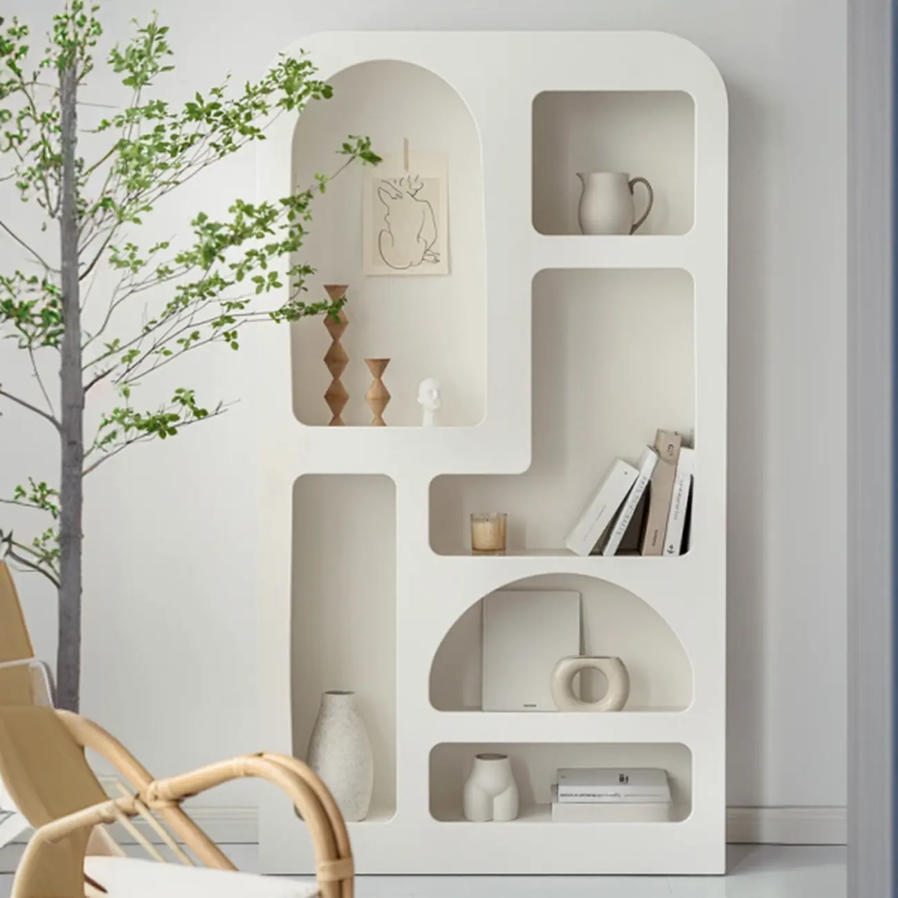 White Wooden Dining Hutch Display Cabinet with Shelves