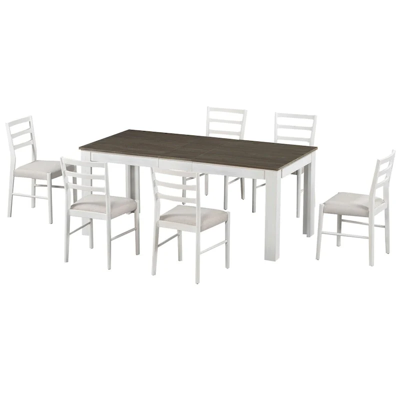 7-Piece Wooden Extendable Dining Table Set with 12Leaf and 2 Drawers, 6 Chairs