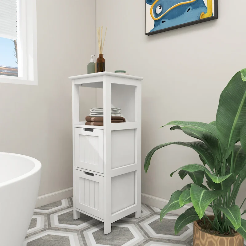 White Bathroom Floor Cabinet with 2 Drawers & 1 Shelf, Single-Person Use