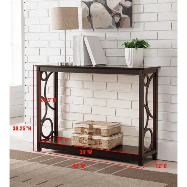 Dark Cherry Finish Wood Entryway Sofa Console Table with Storage Shelf for Hallway, Foyer, Living Room