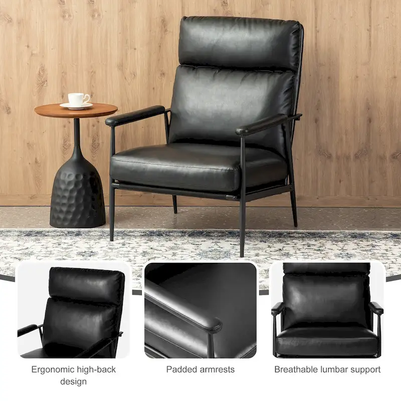 Glitzhome 33.75W Mid-Century Modern Leatherette Armchair With High Back and Padded Arms - 33.75 W x 39.5 H x 28 D