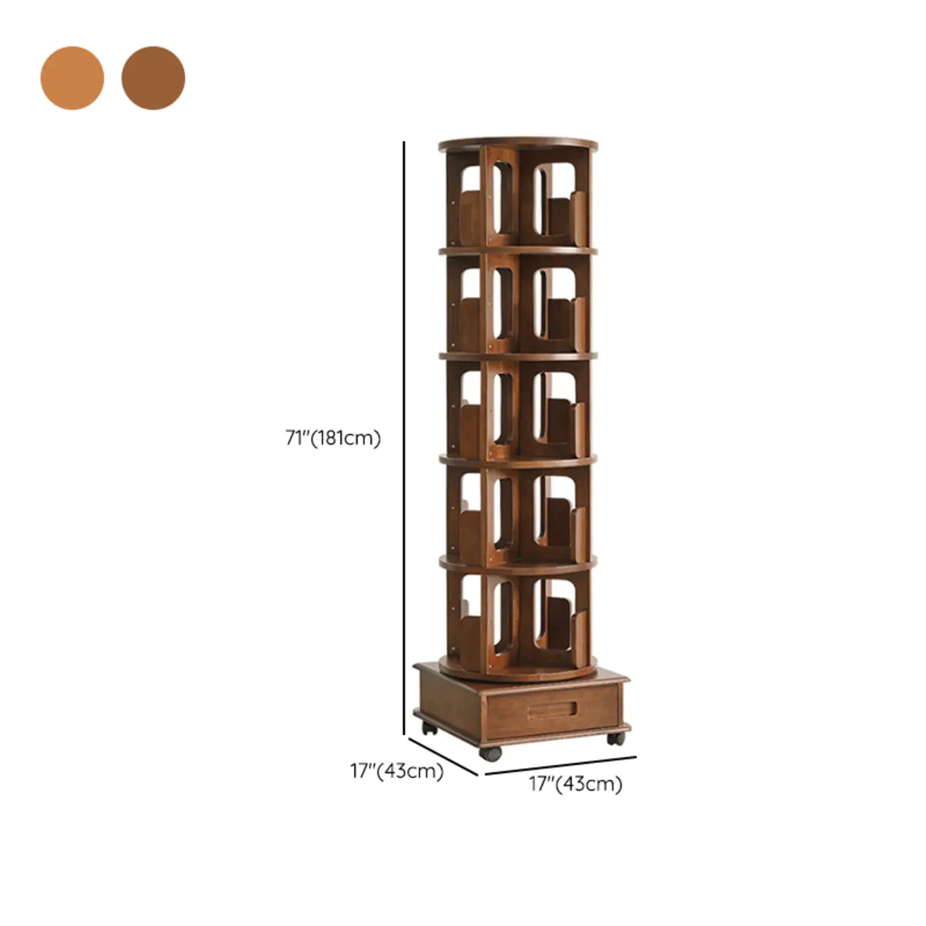 Narrow Rotating Cherry Wood Vertical Bookcase With Drawer