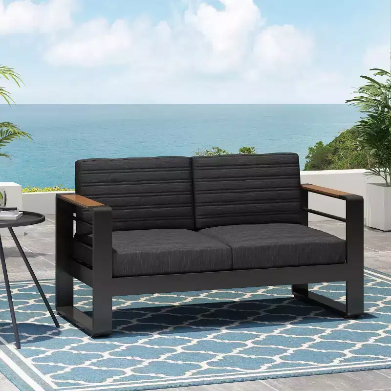 GDFStudio Neffs Outdoor Aluminum Loveseat with Cushions, Dark Gray/Natural/Black