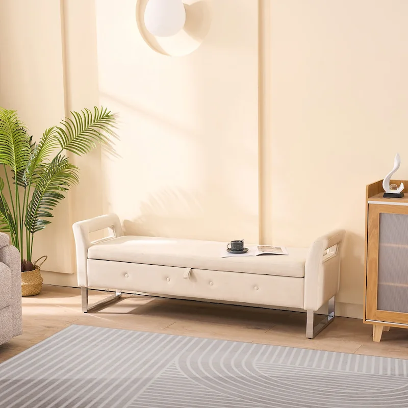 Corduroy Storage Bench with Armrests – Beige / Navy, Wood Legs, Single User