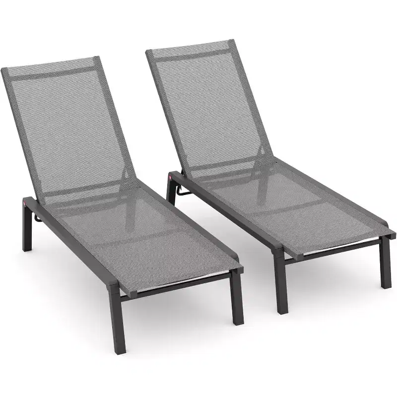 Summit Adventure Set of 2 Foldable Aluminum Chaise Lounges - 4-Position Adjustable Recliners for Pool & Patio (Grey)