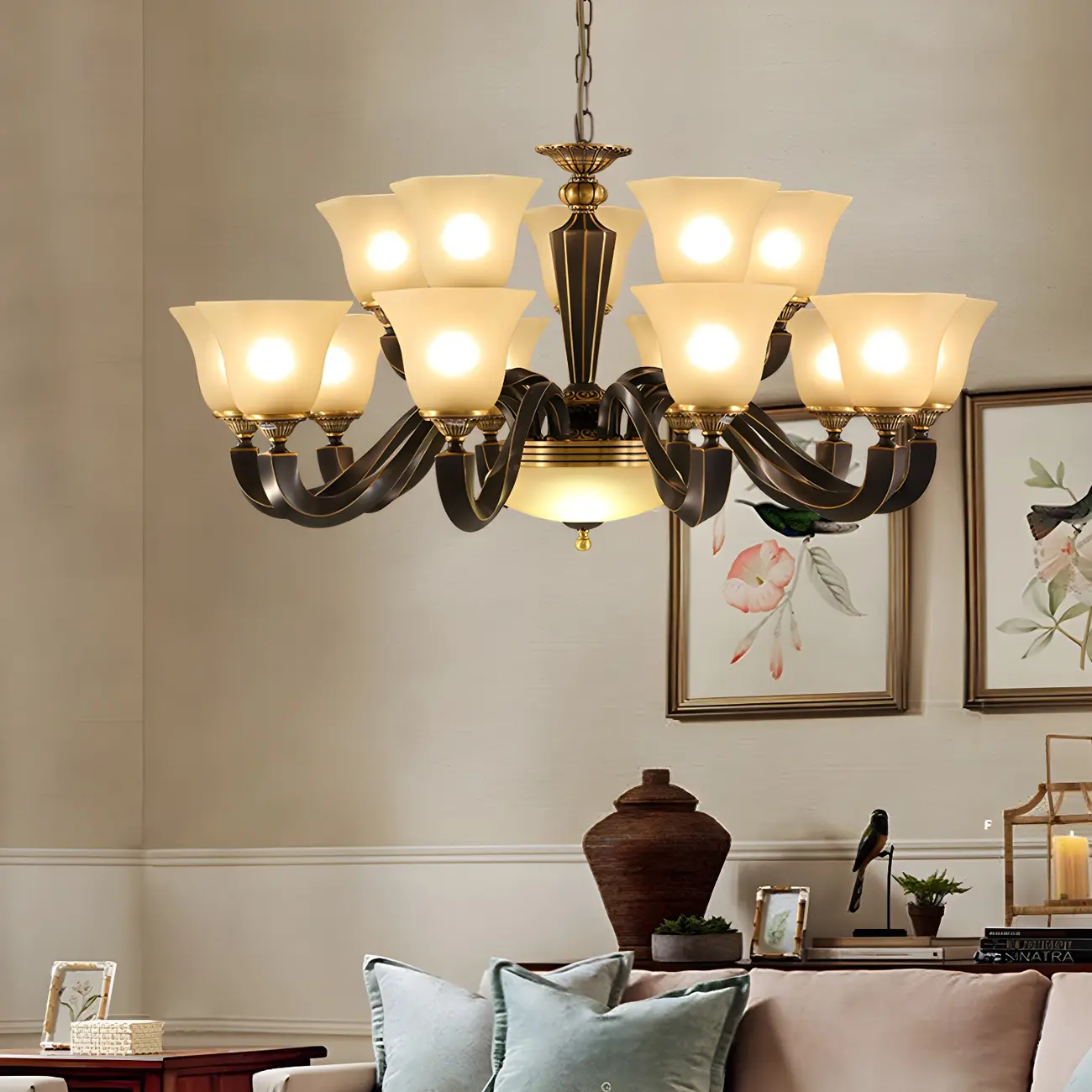 Black Glass Curved Metal Classic Chandelier Light