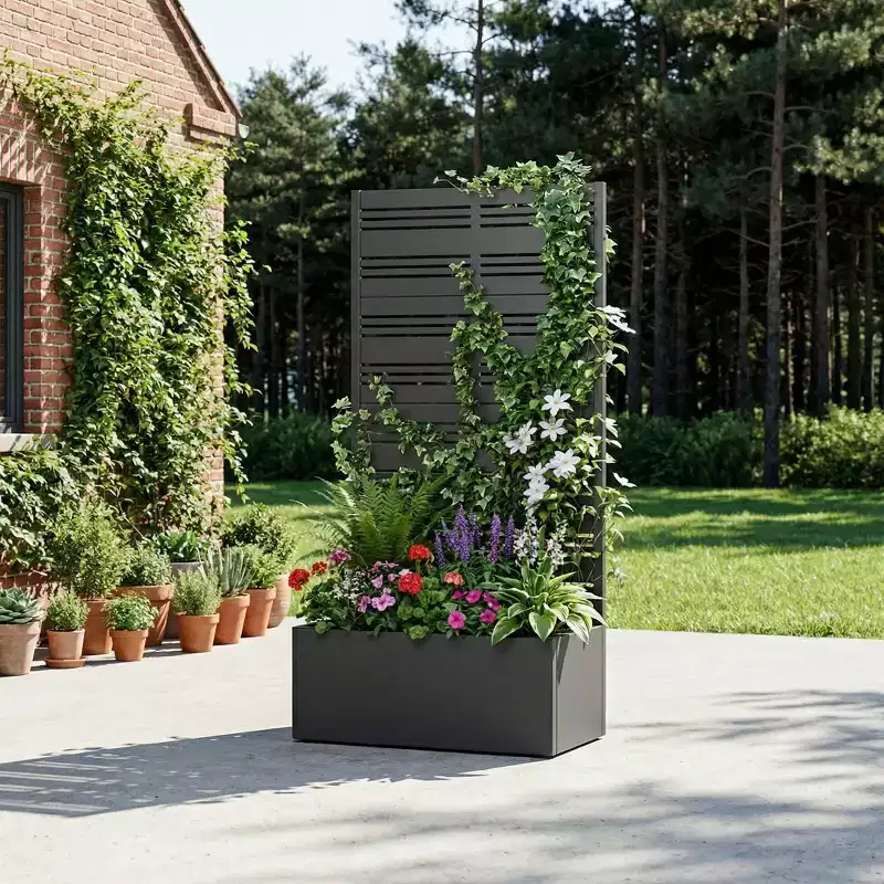 MAYEERTY Black Wrought Iron Planter with Trellis (Harold B Louvered), 59x30x12, 4-Piece Rustproof Garden Decor