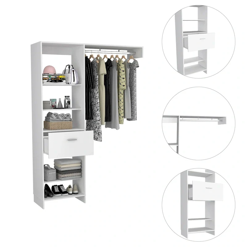 TUHOME Manchester 150 Closet System with Metal Rod, 5 Open Shelves, and 1 Drawer - N/A