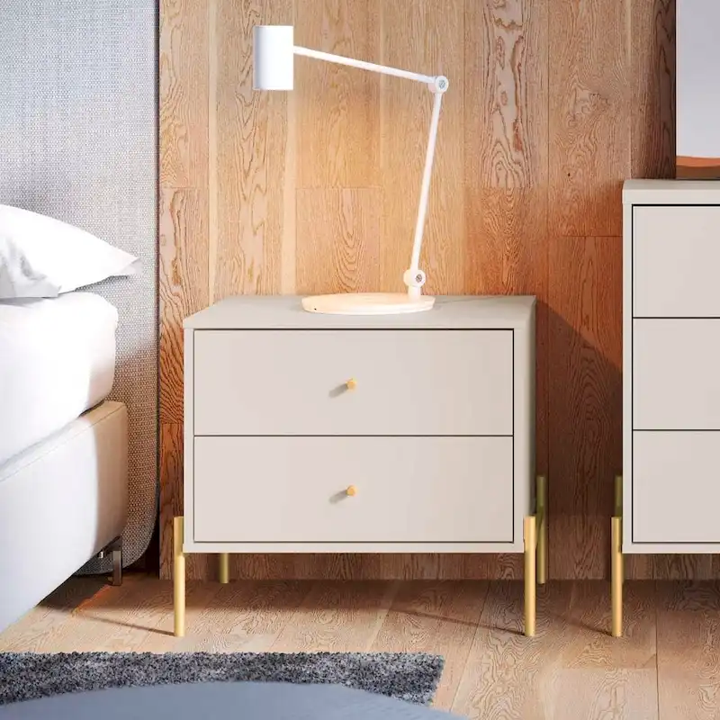 Modern White Gloss Nightstand with 2 Drawers & Gold Steel Legs