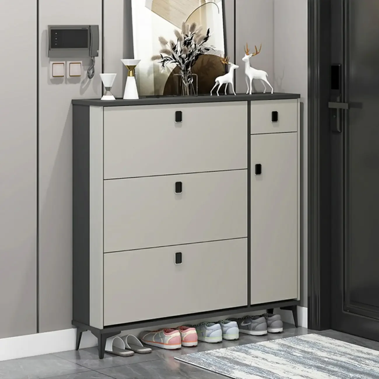 Narrow Black-White Solid Wood Drop Front Shoe Cabinet