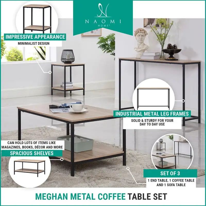 3-Piece Metal & Wood Grain Coffee Table Set – Natural Finish, Black
