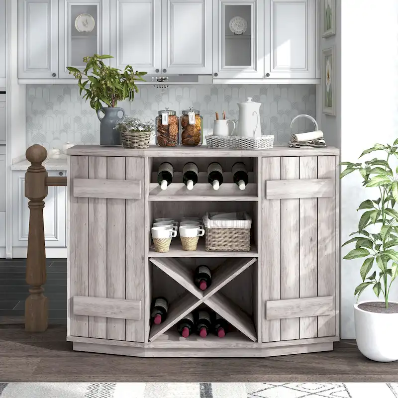 DH BASIC Farmhouse Plank-Style 28-Bottle 47-Inch Wine Cabinet Buffet by Denhour