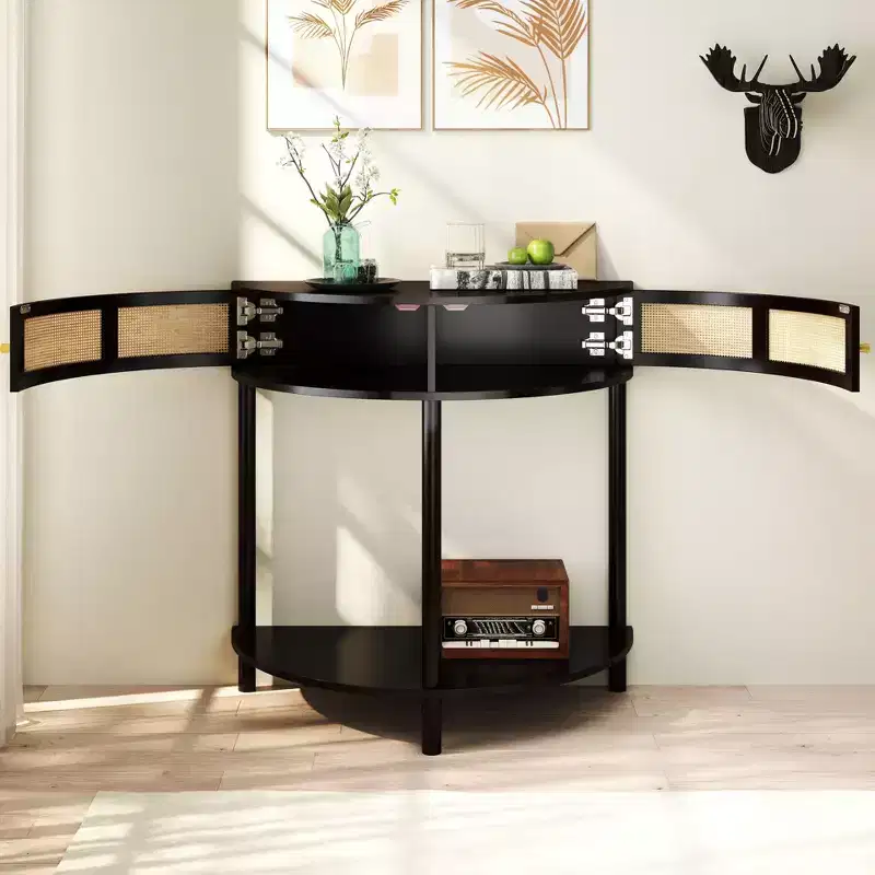 Okak Elegent Half Moon Shape Console Table with Sliding Rattan Doors, Entry Table with Large Shelf, Hallway Table for Living Room, Bedroom
