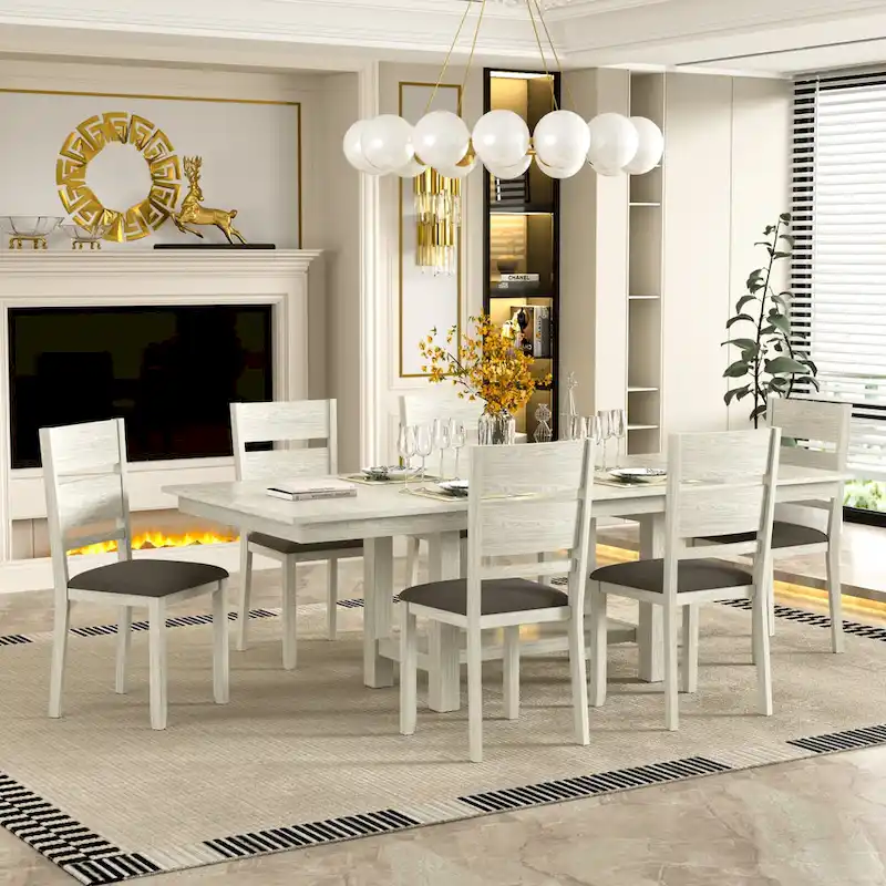 7-Piece Dining Table Set, Thickened Solid Wood Rectangular Extendable Dining Table & 6 Solid Wood Dining Chairs