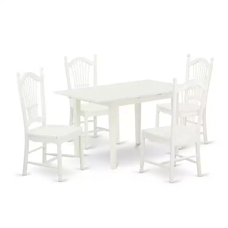 HomeStock 5-Pc Linen White Finish Solid Wood Top - Rectangular Dining Room Set with Butterfly Leaf - Seats 4