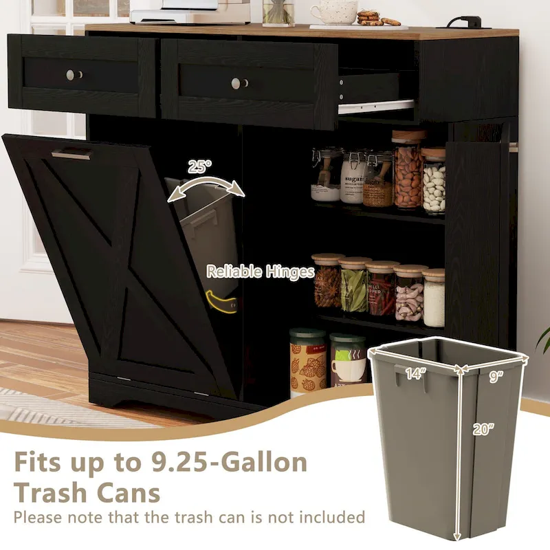 Gymax Tilt Out Trash Can Cabinet w/ Outlets 2 Drawers Adjustable Shelf