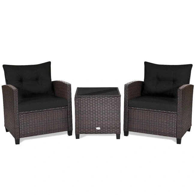 3 Pieces Rattan Patio Furniture Set with Washable Cushion - Chair: 26.5 x 26.5 x 30