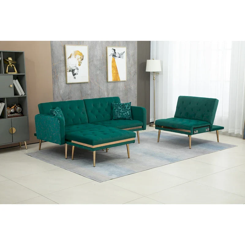 Polyester Upholstered Tufted Sleeper L-Shaped Sectional Sofa With Ottoman