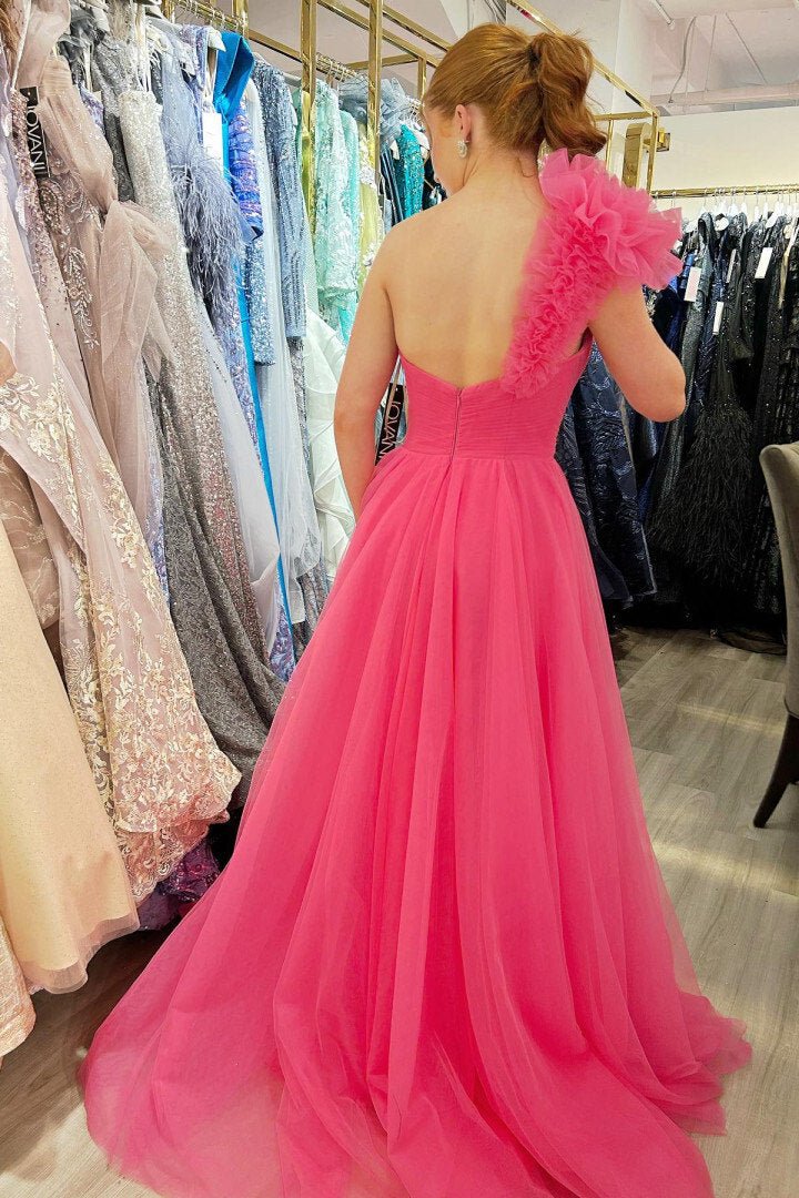A-Line One Shoulder Long Tulle Prom Dress with Ruffles