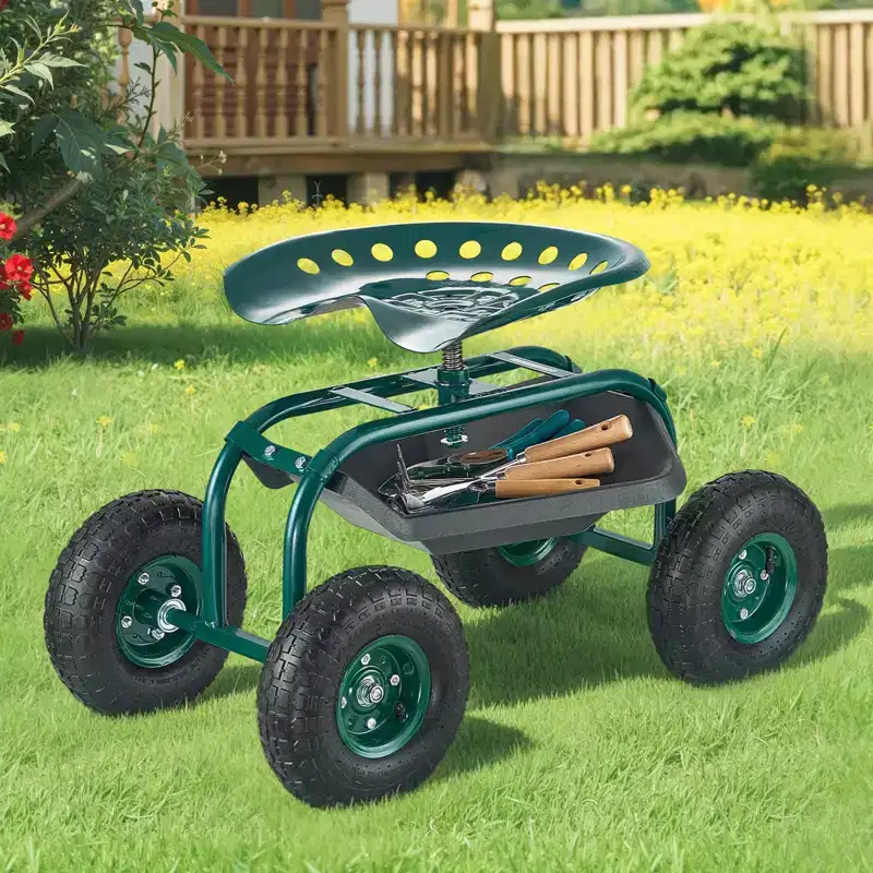 Rolling Garden Cart with 360 Degree Swivel Seat Heavy Duty Metal Frame 300 lbs Capacity with Storage Basket Tool Tray and 10 Inch Tires