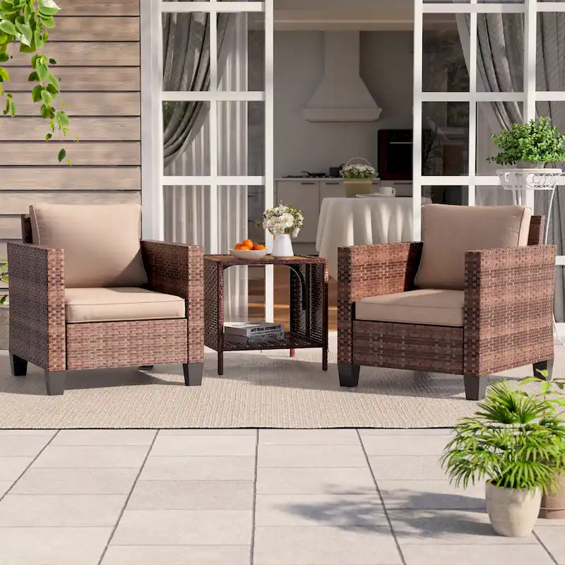 BONOSUKI 3-Piece Patio Sofa Set Brown Rattan with Side Table