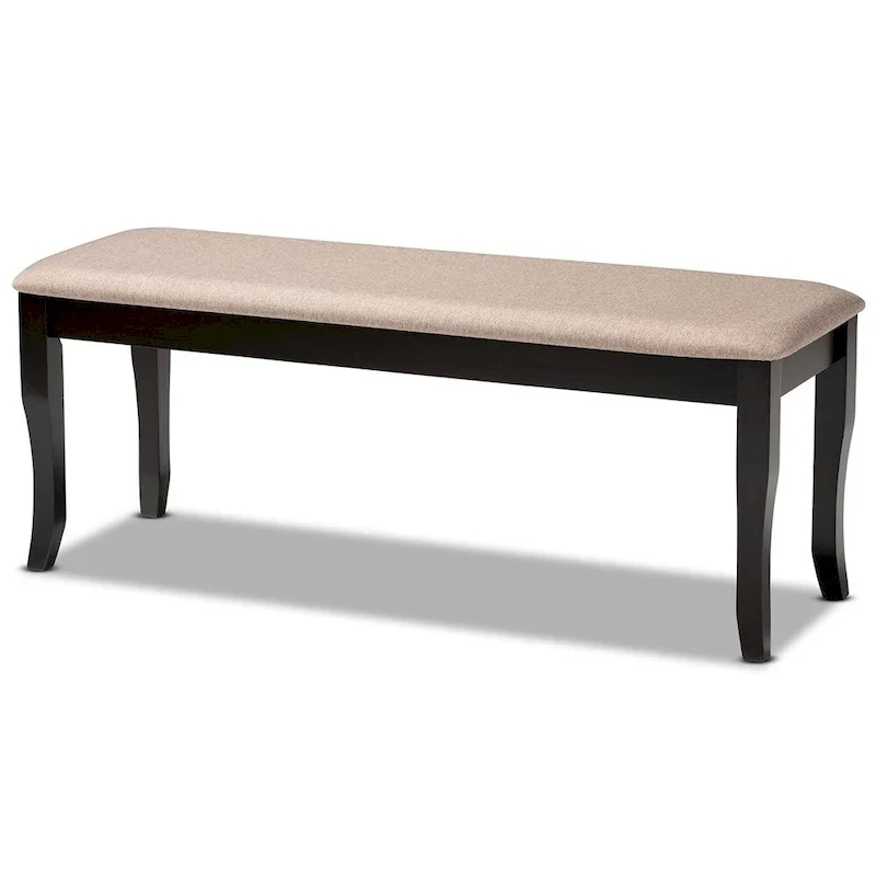 Modern Transitional Upholstered Dining Bench — Dark Brown Oak & Rubberwood, Cabriole Legs