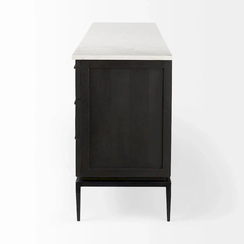 Dark Brown Wood w/ White Marble Top and Black Metal Base Sideboard - 71.0L x 18.5W x 32.0H