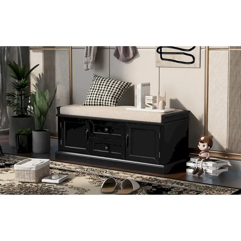 Storage Bench with Cushion, 2 Drawers and 2 Cabinet Doors