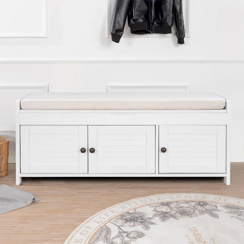 Classic Modern Storage Bench with Two Cabinets and Flip-Top Storage