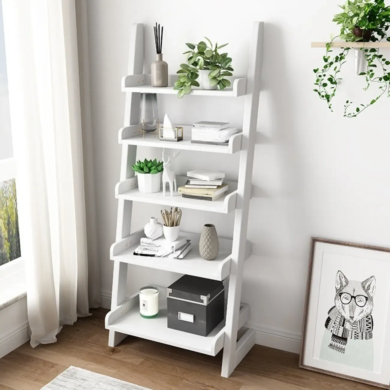 Narrow Modern Solid Wood 5-Tier Open Ladder Bookcase