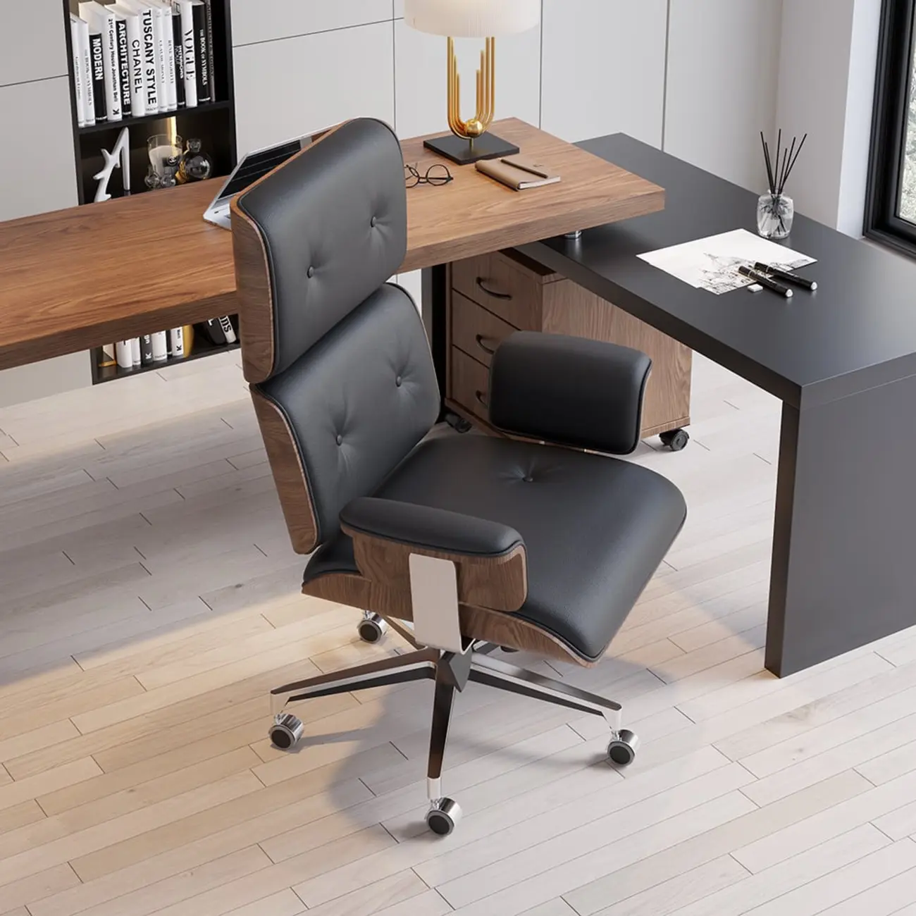 Modern Wood Leather Adjustable Swivel Black Executive Chair