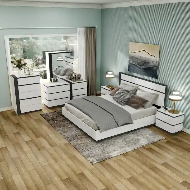 Modern white wooden six-piece platform bedroom furniture