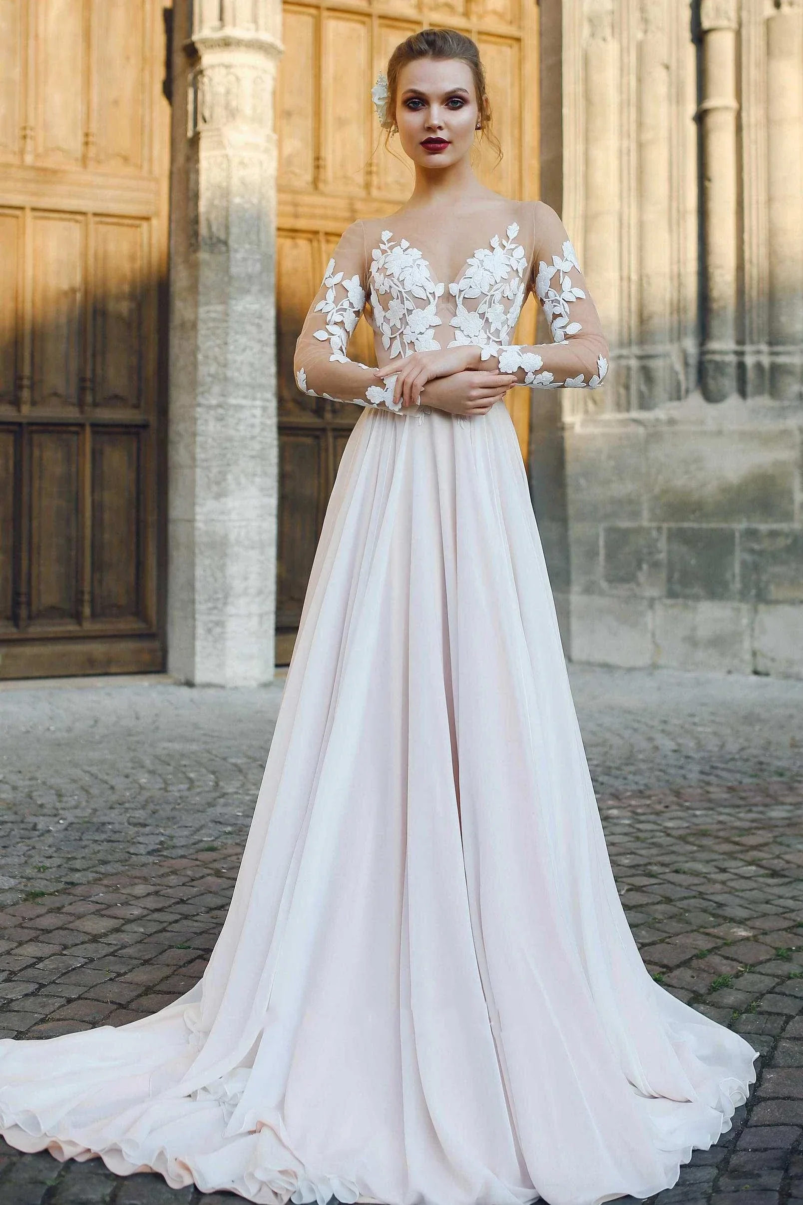 Bateau Illusion Long Sleeve Appliqued A-Line Chiffon Wedding Dress