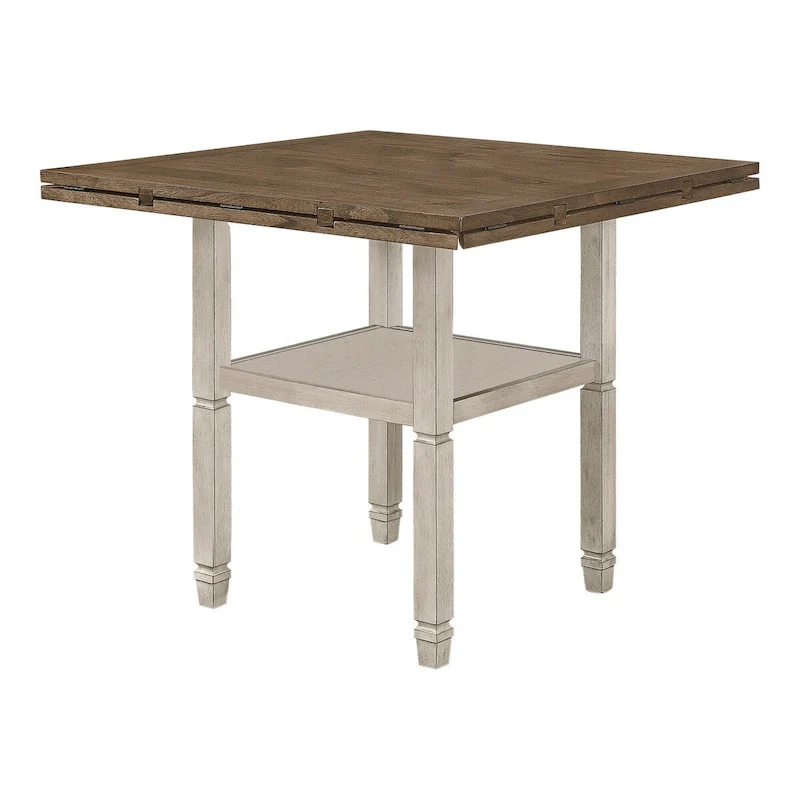 Brown and Beige Wood Grain Counter Height Table with 4 Drop Leaves and Bottom Shelf – 6-Person