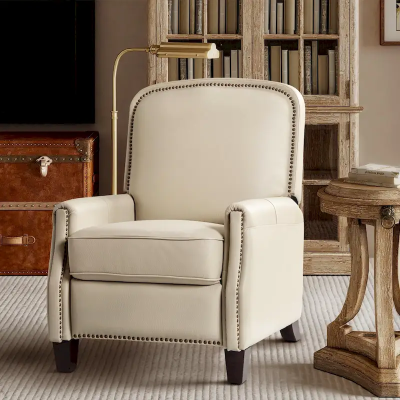 Modern Retro Genuine Leather Recliner with Nailhead Trim & Wooden Frame
