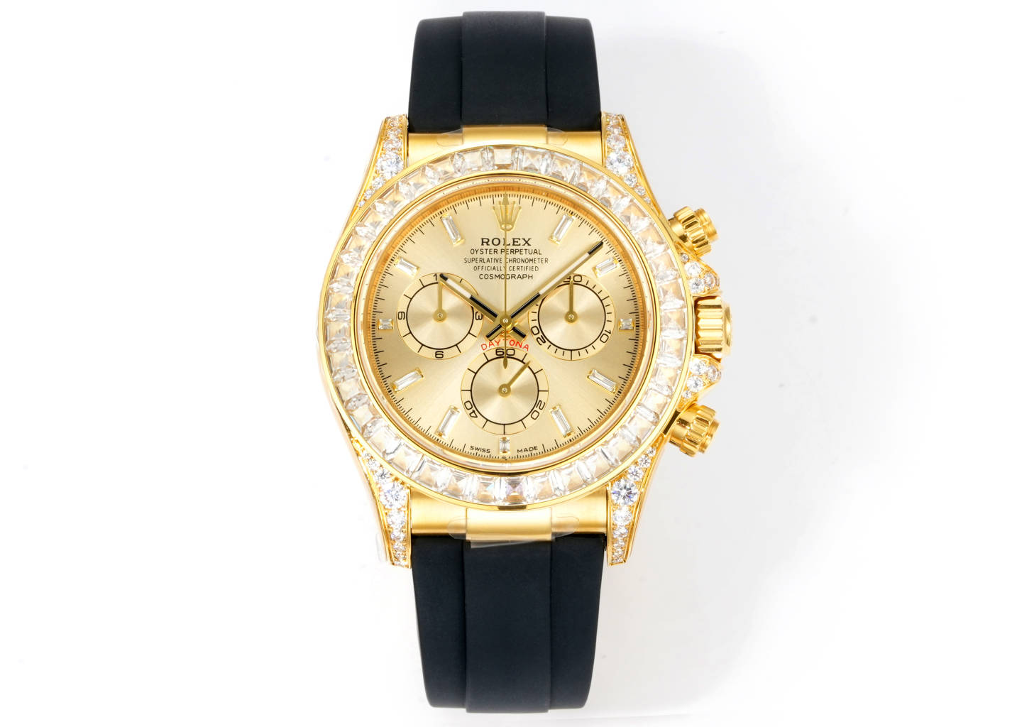 Gold Rolex Daytona replica with diamond-set bezel and black rubber strap