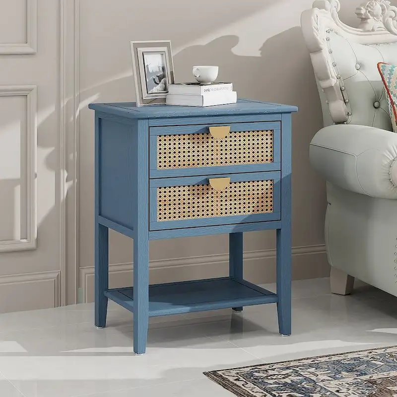 2-Drawer Natural Rattan Nightstand Side Table with Metal Handles - Bedroom End Table Sofa Table