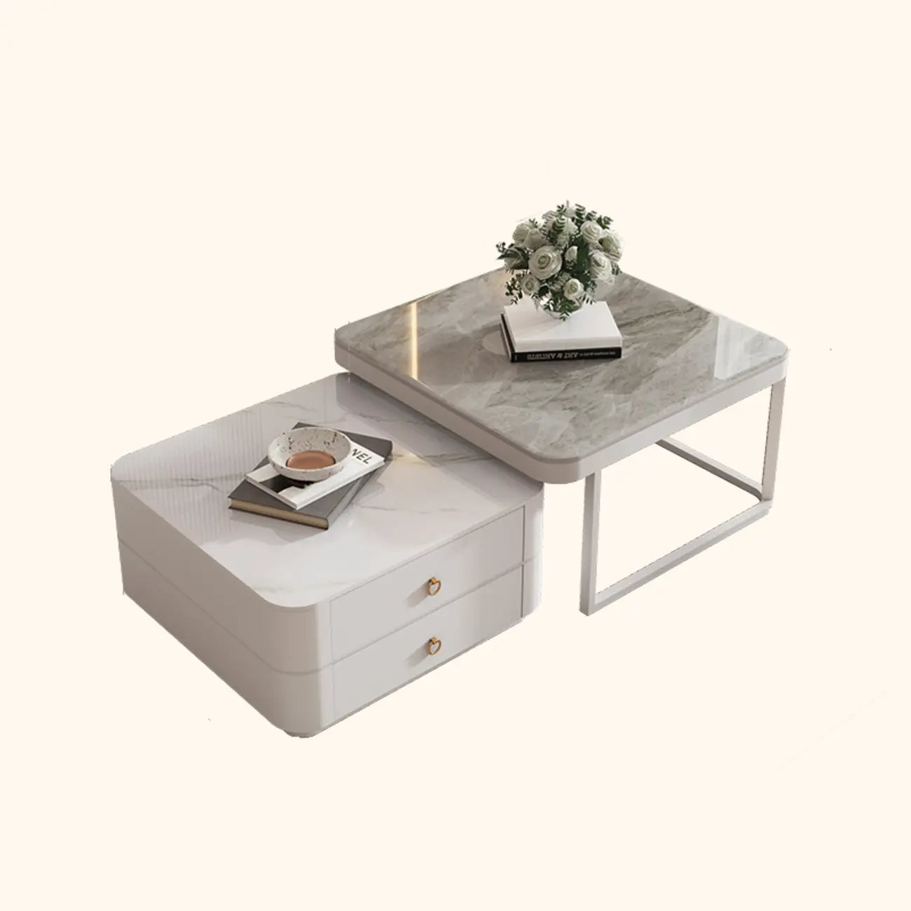 Modern Rectangular Marble Coffee Table Set with Drawers