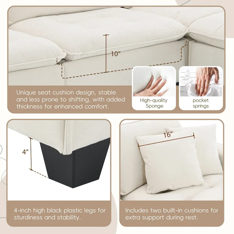 100 L-Shaped Convertible 4 Seater Sectional Sofa with Removable Ottoman and Matching Pillows, Suede Velvet Upholstery