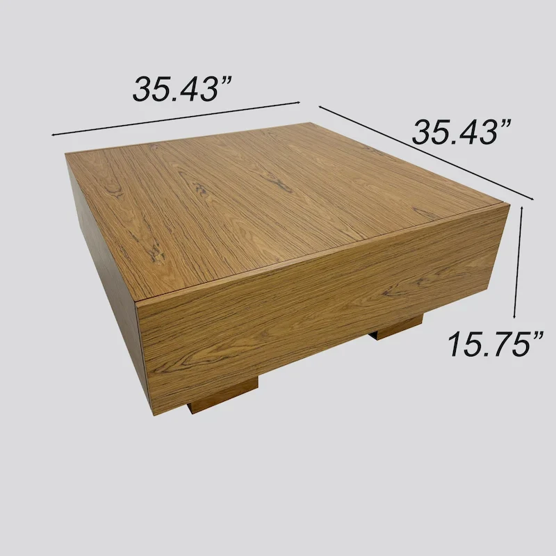 35.43 Square Wood Coffee Table with 2 Drawers, Brown Wood Texture - 35.43
