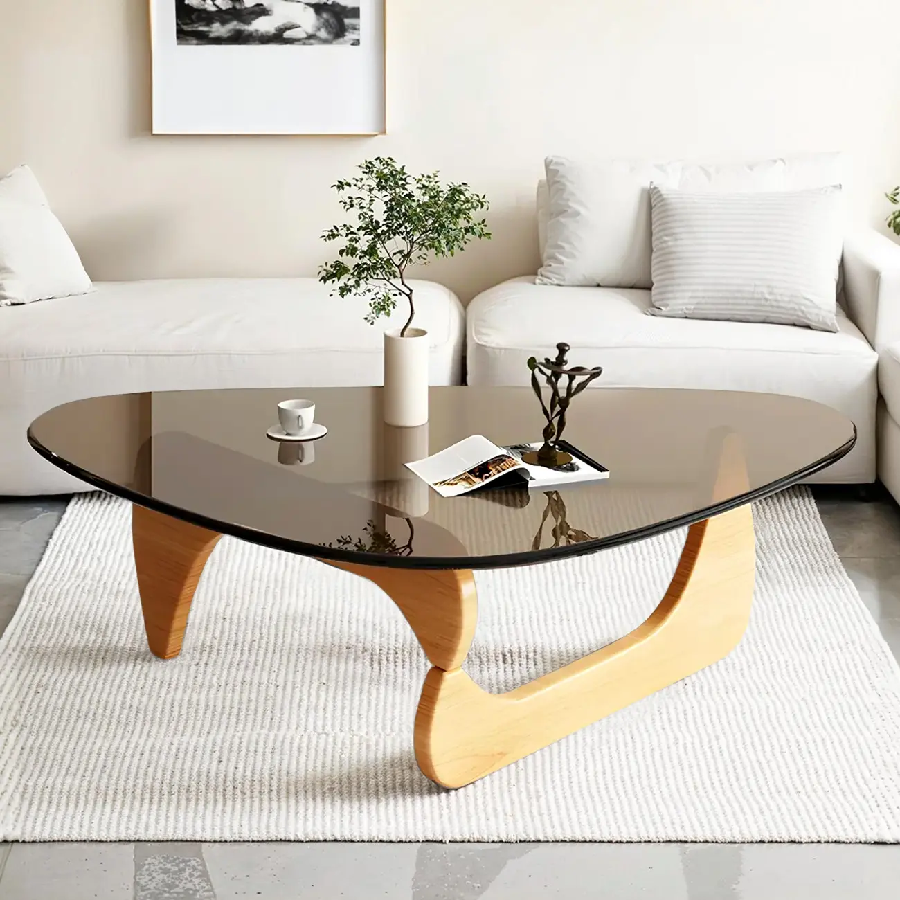 Modern Triangle Glass Coffee Table Wooden Base