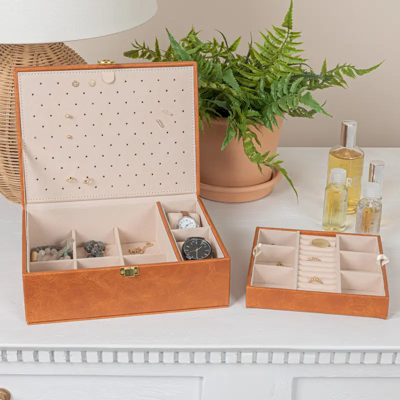 Vegan Leather 2-Layer Jewelry Organizer Box with Clasp Closure - 9.3L x 7.3W x 3.8H