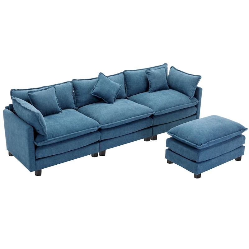 Blue 112.2 Modern L-Shaped 4-Seat Sofa with Removable Ottoman