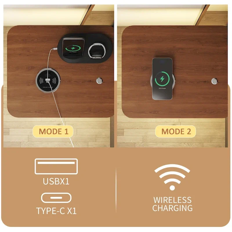 Metal Bed Frame with Upholstered Headboard, Wireless Charging and USB A & USB C & LED Light