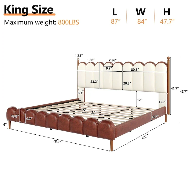 Leather Upholstered Bed with Headboard & Footboard, Solid Wood Slats & Legs