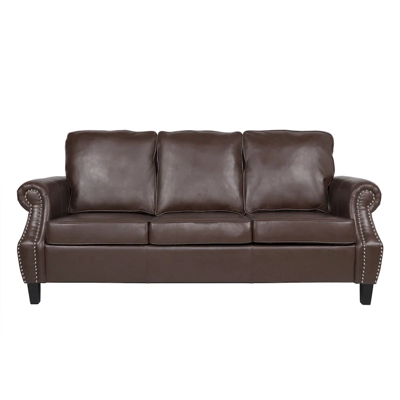 Dark Brown Modern 80  Faux Leather 3-Seater Sofa with Birch Wood Legs and Nailheads