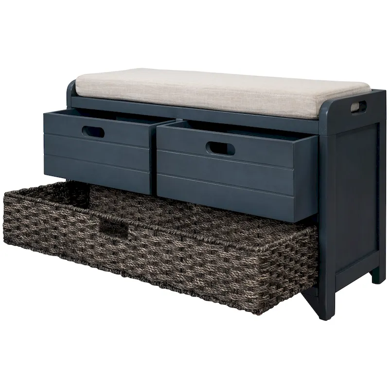 Brown Acacia Wood Storage Bench with 2 Drawers & Removable Basket, 1-Person